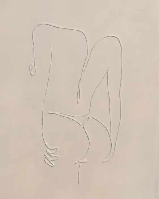 Cream canvas with a raised plaster line drawing of a seated figure, drawn as a single continuous contour.