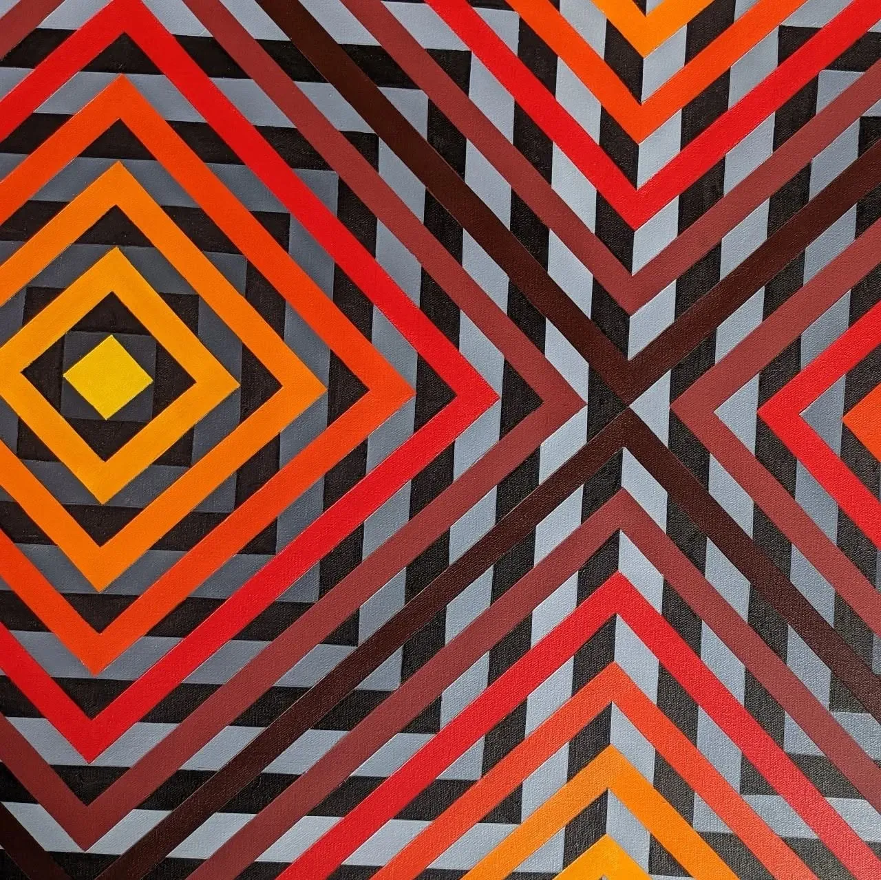 Close view of the painted stripes, showing crisp edges between orange, red and grey bands over the canvas weave.