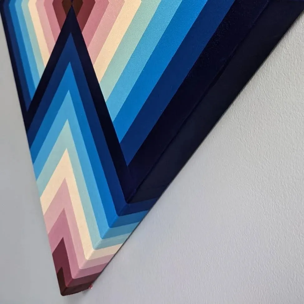 The lower corner of the canvas seen at an angle, showing the painted bands wrapping around the stretcher edge.